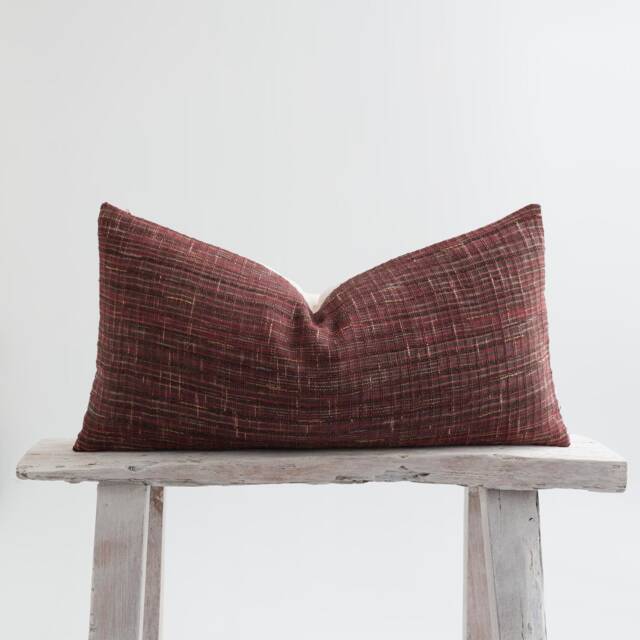 Rustic Red Lumbar Pillow Cover, Woven Cotton, Bamboo Reverse - image 1