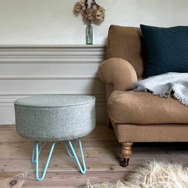 Harris Tweed Duck Egg Footstool With Steel Hairpin Legs - image 1