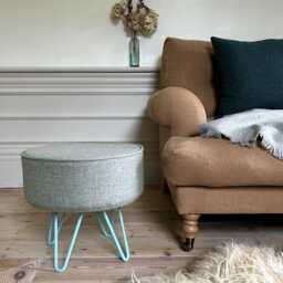 Harris Tweed Duck Egg Footstool With Steel Hairpin Legs
