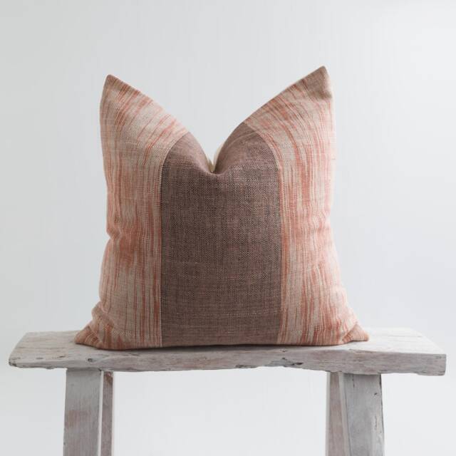 striped Earth Tones Throw Pillow, Brown Orange Cotton Cushion, Bamboo Reverse - image 1
