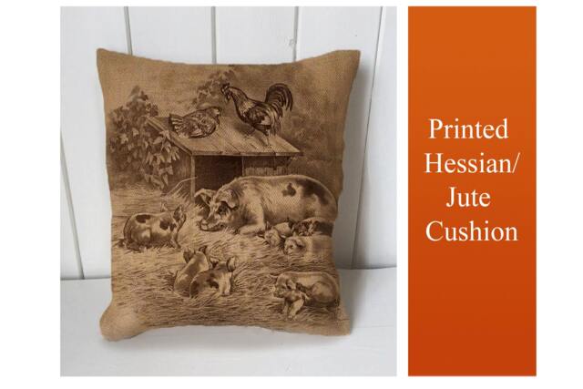 Pigs Farm Illustration - Cushion Fabric Panel Or Case Or With Filling Rustic Natural Jute Burlap Hessian