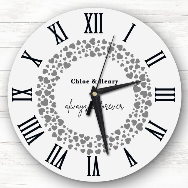 Grey Hearts Wreath Anniversary Birthday Valentine's Gift Personalised Clock - image 1