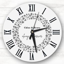 Grey Hearts Wreath Anniversary Birthday Valentine's Gift Personalised Clock - thumbnail 1