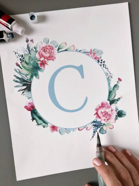 Personalized Nursery Wall Hanging, Rose Succulent Wreath, Custom Initial, Watercolor Decor - image 1