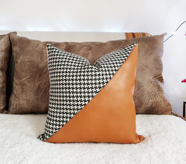 Houndstooth & Burnt Orange Faux Leather Pillow Cover Bohemian Decor - 16x16'' - image 1