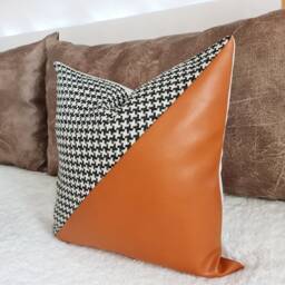 Houndstooth & Burnt Orange Faux Leather Pillow Cover Bohemian Decor - 16x16'' - thumbnail 2
