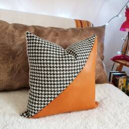 Houndstooth & Burnt Orange Faux Leather Pillow Cover Bohemian Decor - 16x16'' - thumbnail 3