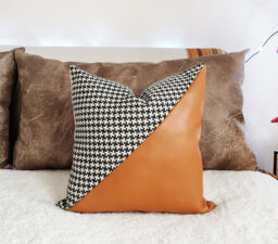 Houndstooth & Burnt Orange Faux Leather Pillow Cover Bohemian Decor - 16x16''