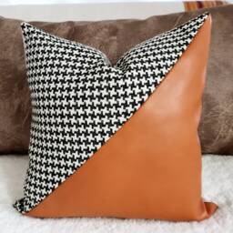 Houndstooth & Burnt Orange Faux Leather Pillow Cover Bohemian Decor - 16x16'' - thumbnail 4