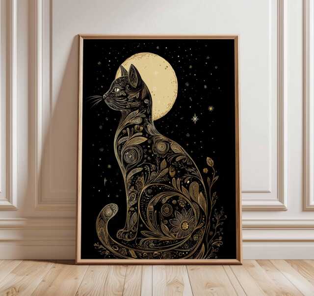 Moon Cat Poster, Mystical Black Wall Art, Celestial Night Sky Print, Bohemian Lunar Artwork, Magical Animal Home Decor - image 1