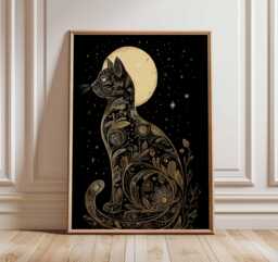 Moon Cat Poster, Mystical Black Wall Art, Celestial Night Sky Print, Bohemian Lunar Artwork, Magical Animal Home Decor - thumbnail 1