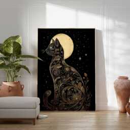 Moon Cat Poster, Mystical Black Wall Art, Celestial Night Sky Print, Bohemian Lunar Artwork, Magical Animal Home Decor - thumbnail 3