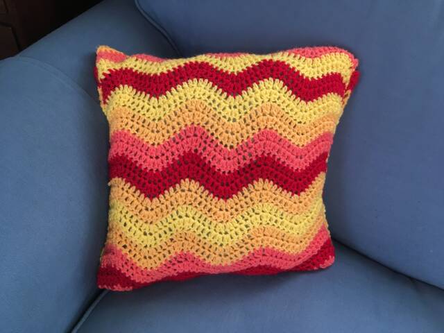 Throw Pillow, Vegan Cushion Cover Hand Crochet, Sunshine Yellows, Orange, Red Textured By Spinningstreak - image 1