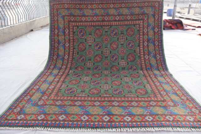 4'10x6'4 Ft Lime Green Afghan Rug, Hand Knotted Wool Soft Plush Natural Veg Dyes Turkmen Tribal Bukhara Oriental Bedroom Rug - image 1