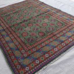 4'10x6'4 Ft Lime Green Afghan Rug, Hand Knotted Wool Soft Plush Natural Veg Dyes Turkmen Tribal Bukhara Oriental Bedroom Rug - thumbnail 2