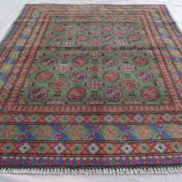 4'10x6'4 Ft Lime Green Afghan Rug, Hand Knotted Wool Soft Plush Natural Veg Dyes Turkmen Tribal Bukhara Oriental Bedroom Rug - thumbnail 3
