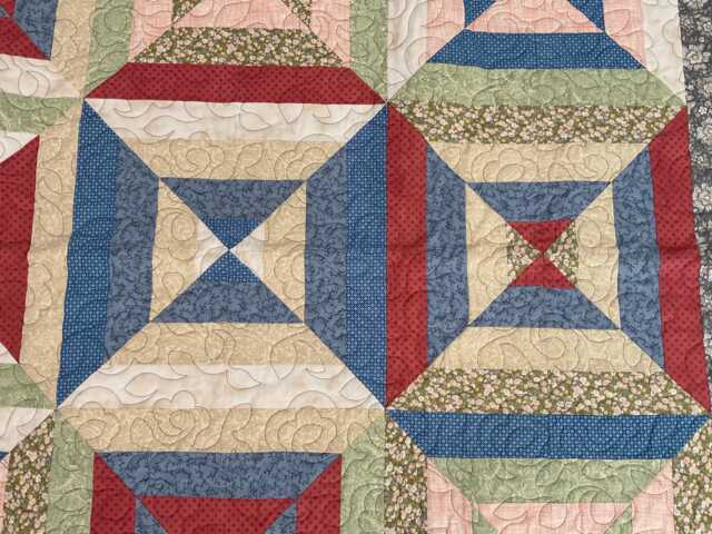 Turnabout, Throw Size, Pastel Colors, Hour Glass, Blue, Pink, Green, Cream, Gray, Moda Fabric, Handmade, Squares, Quilted, Spools, Flowers - image 1