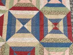 Turnabout, Throw Size, Pastel Colors, Hour Glass, Blue, Pink, Green, Cream, Gray, Moda Fabric, Handmade, Squares, Quilted, Spools, Flowers - thumbnail 1