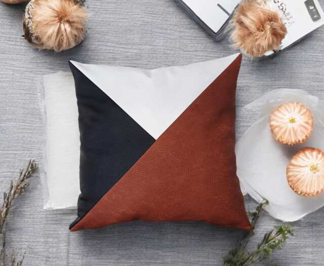 Terracotta Faux Leather Pillow Cover Triangle Color Block Design - image 1
