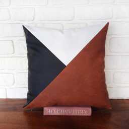 Terracotta Faux Leather Pillow Cover Triangle Color Block Design - thumbnail 2