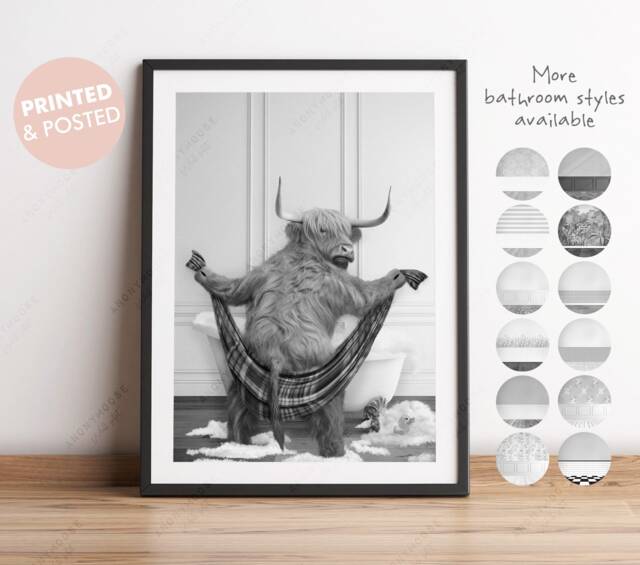 Black & White Highland Cow Drying With A Towel in Bathroom Print, Bathing, Funny Bath Bathroom, Animal Bathtub, Tub - image 1