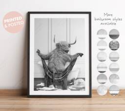 Black & White Highland Cow Drying With A Towel in Bathroom Print, Bathing, Funny Bath Bathroom, Animal Bathtub, Tub - thumbnail 1