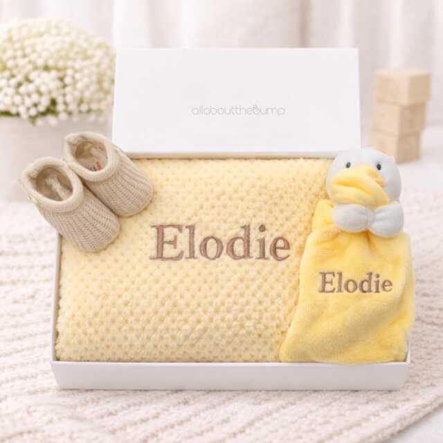 Personalised Embroidered Blanket, Comforter & Booties Gift Set - Lemon Duck Unisex Baby Hamper Name Keepsake - image 1