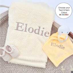 Personalised Embroidered Blanket, Comforter & Booties Gift Set - Lemon Duck Unisex Baby Hamper Name Keepsake - thumbnail 2