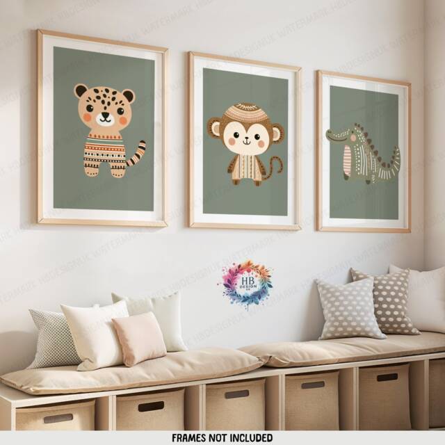 Safari Nursery Boho Posters - Set Of 3 Prints - Kids Playroom Wall Print Cute Animal Designs Green Coloured Decor Baby Bedroom - image 1