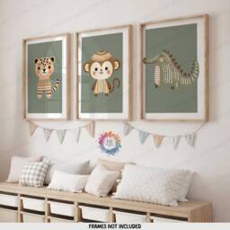 Safari Nursery Boho Posters - Set Of 3 Prints - Kids Playroom Wall Print Cute Animal Designs Green Coloured Decor Baby Bedroom - thumbnail 2