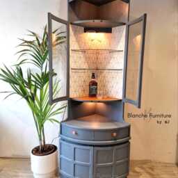 Tall Mid Century Modern Nathan Corner Drinks Cabinet - Soapstone Grey Bar Unit, Lined Lighting - thumbnail 4