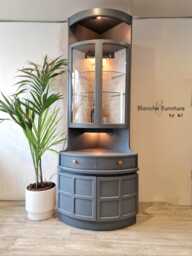 Tall Mid Century Modern Nathan Corner Drinks Cabinet - Soapstone Grey Bar Unit, Lined Lighting - thumbnail 1