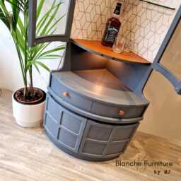 Tall Mid Century Modern Nathan Corner Drinks Cabinet - Soapstone Grey Bar Unit, Lined Lighting - thumbnail 2
