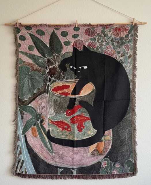 Black Cat Woven Blanket, Fringed Tapestry Wall Art, Boho & Fish Decor, Botanical Hanging, Artistic Gift For Lover - image 1