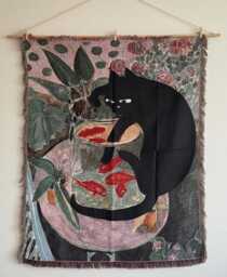 Black Cat Woven Blanket, Fringed Tapestry Wall Art, Boho & Fish Decor, Botanical Hanging, Artistic Gift For Lover - thumbnail 1
