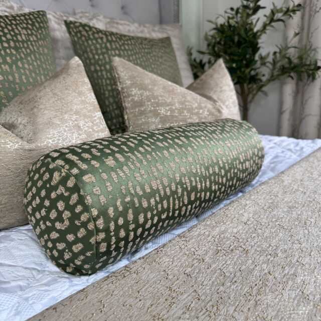 Olive Green Gold Bolster Cushion Designer Estrada Fabric, 16x6 - image 1