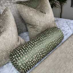 Olive Green Gold Bolster Cushion Designer Estrada Fabric, 16x6 - thumbnail 4