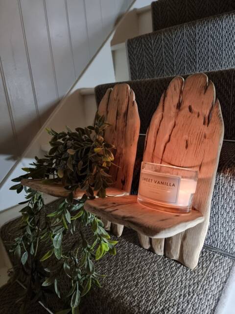 Pair Of Solid Oak Handmade Rustic Candle Sconces/Plant Holders . Natural Bare Finish Size 40 X 17 Candles Etc Not Included - image 1