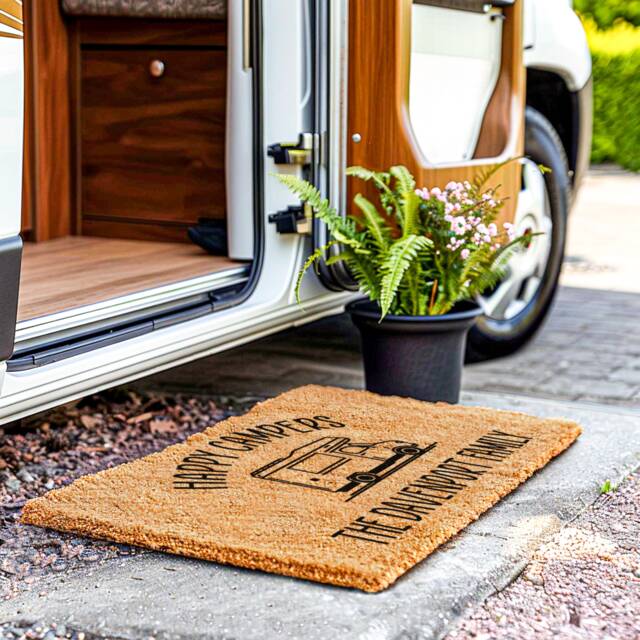 Happy Campers Family Name Personalized Doormat - Camper Mat Custom Travelling Rug Mobile Home Coir Door - image 1