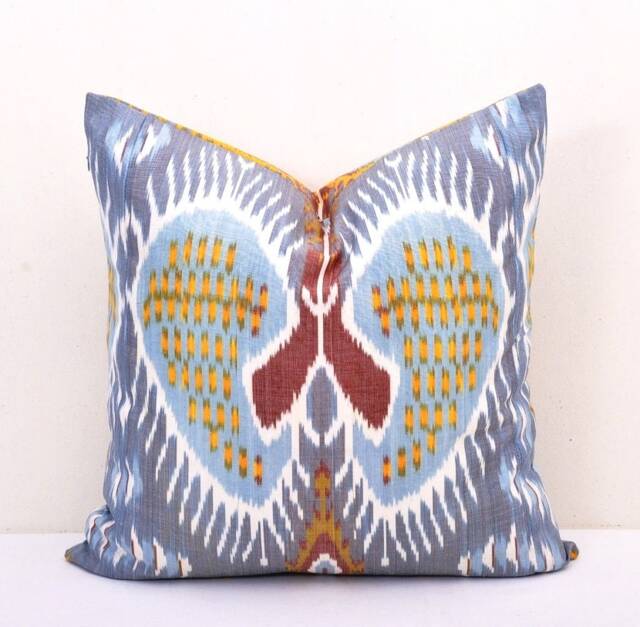 Blue Ikat Pillow Cover, Handloom Silk Cotton Cushion - 20x20 In - image 1
