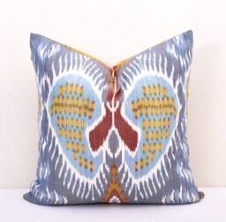 Blue Ikat Pillow Cover, Handloom Silk Cotton Cushion - 20x20 In - thumbnail 1