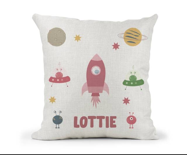 Personalised Girls Space Rocket Alien Cushion...girls Gift..bedroom Decor.daughter..granddaughter...goddaughter...niece...birthday..pastels - image 1