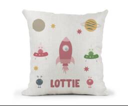 Personalised Girls Space Rocket Alien Cushion...girls Gift..bedroom Decor.daughter..granddaughter...goddaughter...niece...birthday..pastels - thumbnail 1