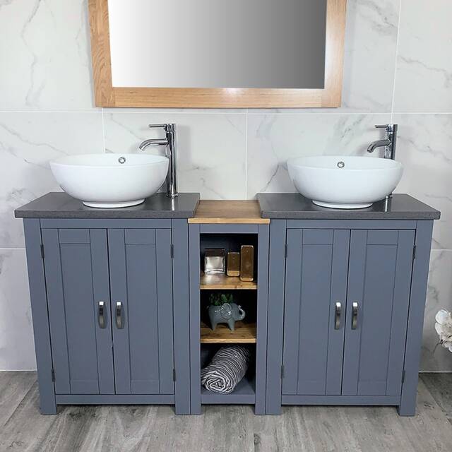 Bathroom Vanity Unit - Sink Washstand Slimline Grey Painted With Quartz Worktop & Sit On Basins Taps Plugs Included - image 1