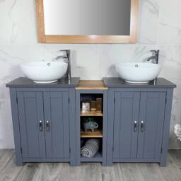 Bathroom Vanity Unit - Sink Washstand Slimline Grey Painted With Quartz Worktop & Sit On Basins Taps Plugs Included