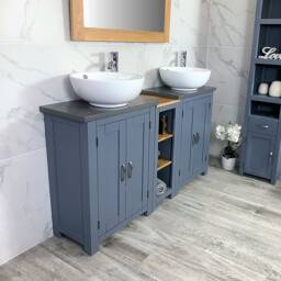 Bathroom Vanity Unit - Sink Washstand Slimline Grey Painted With Quartz Worktop & Sit On Basins Taps Plugs Included - thumbnail 2