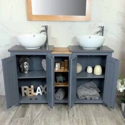 Bathroom Vanity Unit - Sink Washstand Slimline Grey Painted With Quartz Worktop & Sit On Basins Taps Plugs Included - thumbnail 3