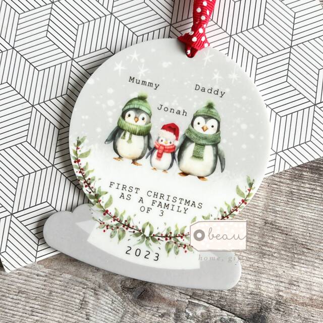 Personalised 1st Christmas Gift First As A Family Of 3 4 5 Penguin Acrylic Snowglobe Shape Ornament Keepsake Boy Child - image 1