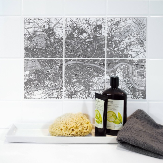 London Map Tile Stickers - Vintage City Set Of 6 Peel & Stick Waterproof Kitchen Bathroom Made in Germany - image 1