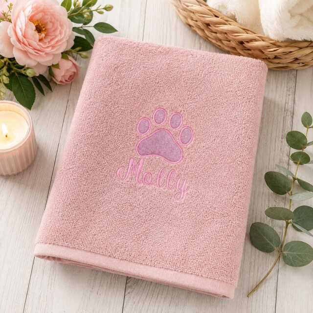 Personalised Puppy Hand Towel, Embroidered Pink Glitter Paw Print - image 1